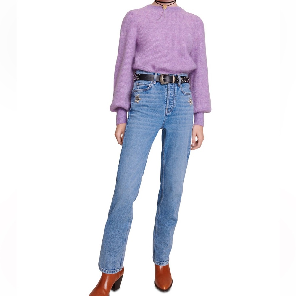 NWT Maje Pagody Crystal Embellished Straight Leg Stretch Denim Button Fly Jeans - Picture 14 of 16